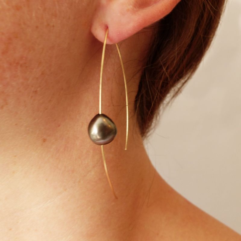 Gold & Grey Pearl Fish Hook Earrings image