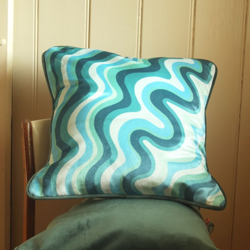 Colourful Velvet Piped Cushion - Aqua Wavy image