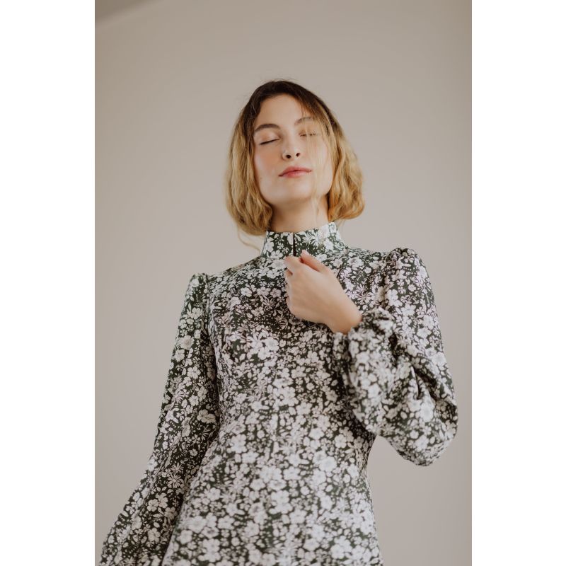 Jane High Neck Empire Mini Dress With Hook & Eye Detail & Blouson Sleeves In Forest Green & Milky White Floral Cotton image