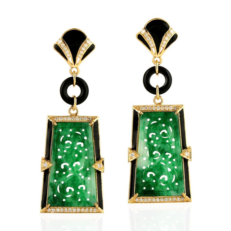 18K Yellow Gold Flower Carving Jade Dangle Earrings Onyx Diamond Dangle Earrings Handmade Jewelry image