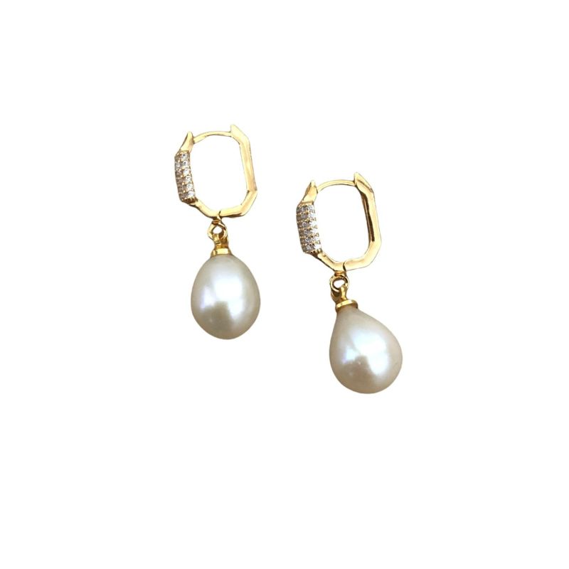 Luna Huggies 18K Gold Plated Freshwater Pearls Drop & Dangle Sparkling Cubic Zirconia image