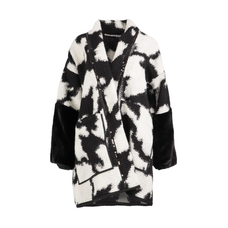 Elliott - Black And White Long Line Jacket In Wool And Faux Fur image