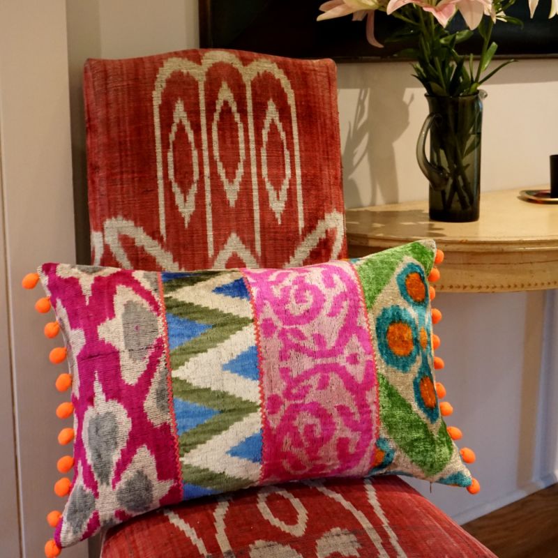 Multi Coloured Patchwork Ikat Cushion With Pom Pom image