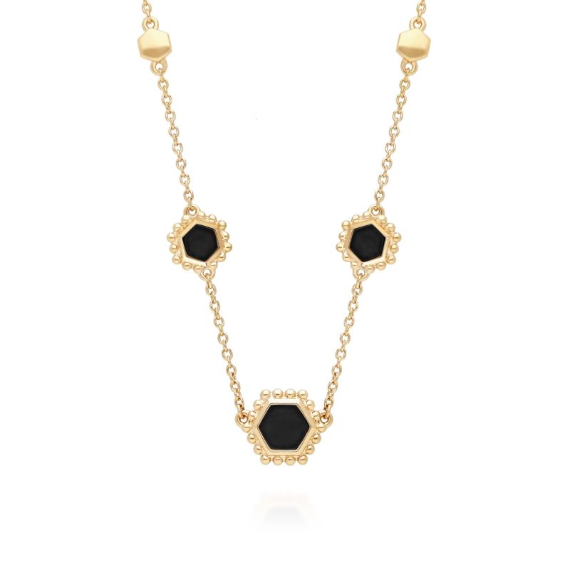 Black Onyx Flat Slice Hex Chain Necklace In Gold Sterling Silver image