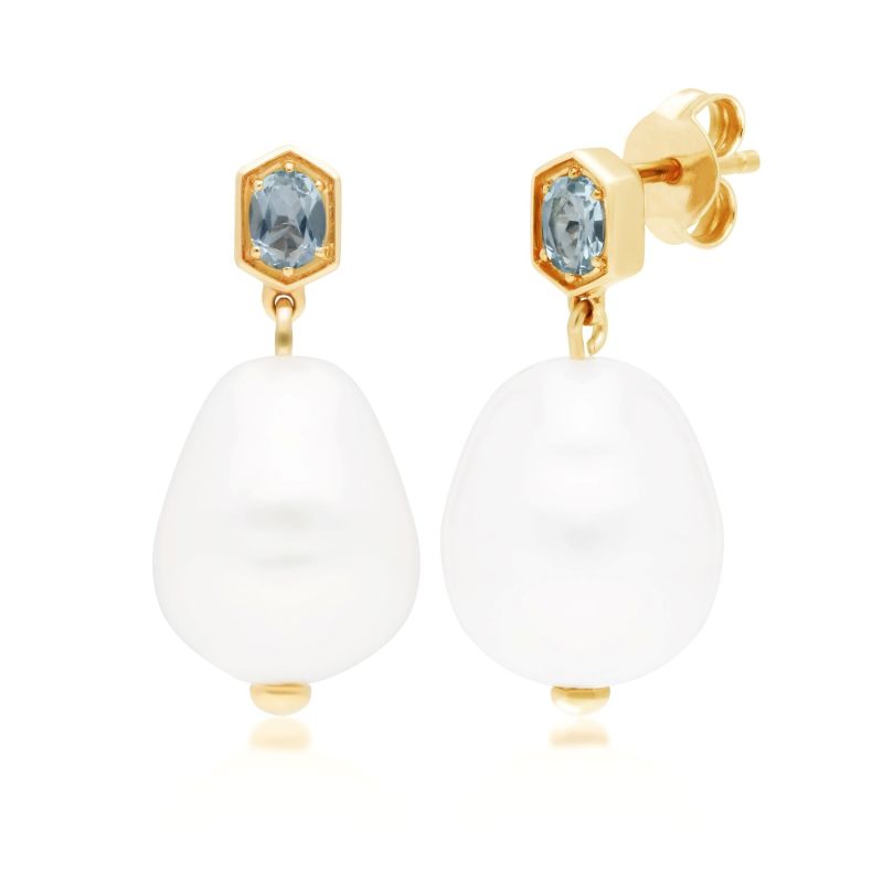 Baroque Pearl & Aquamarine Drop Earrings In Yellow Gold Plated Silver image