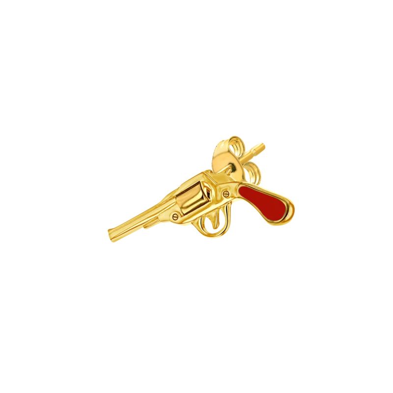 Red Enamel &18Kt Gold Plated Retro Pistol Stud image