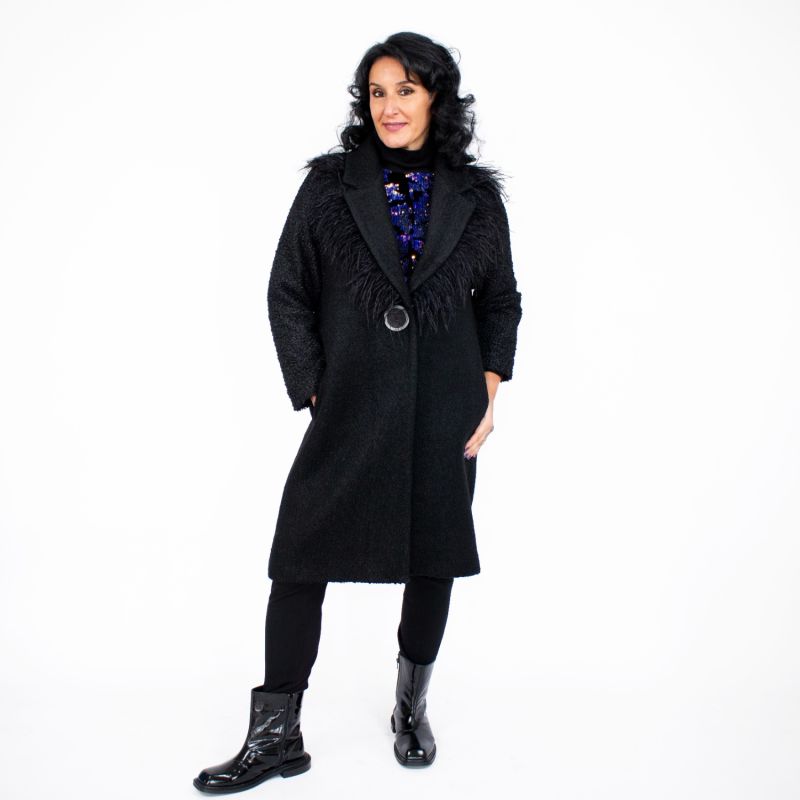 Black Felt Coat With Notched Lapel Collar With Faux Feathers image