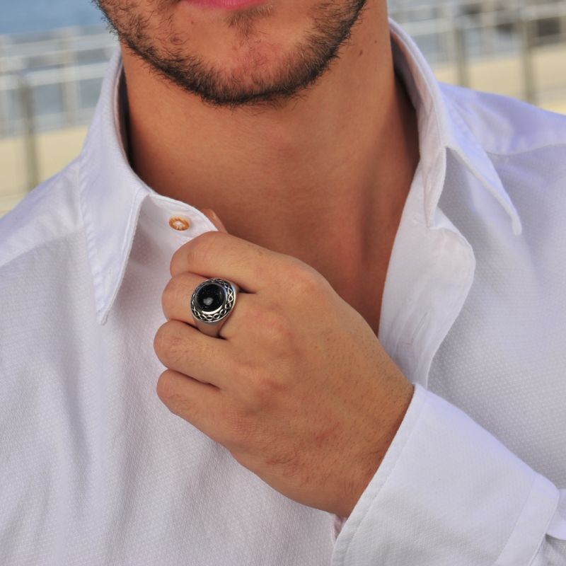 Blue Sand Stone Flat Back Cabochon Signet Ring In Black Rhodium Plated Sterling Silver image