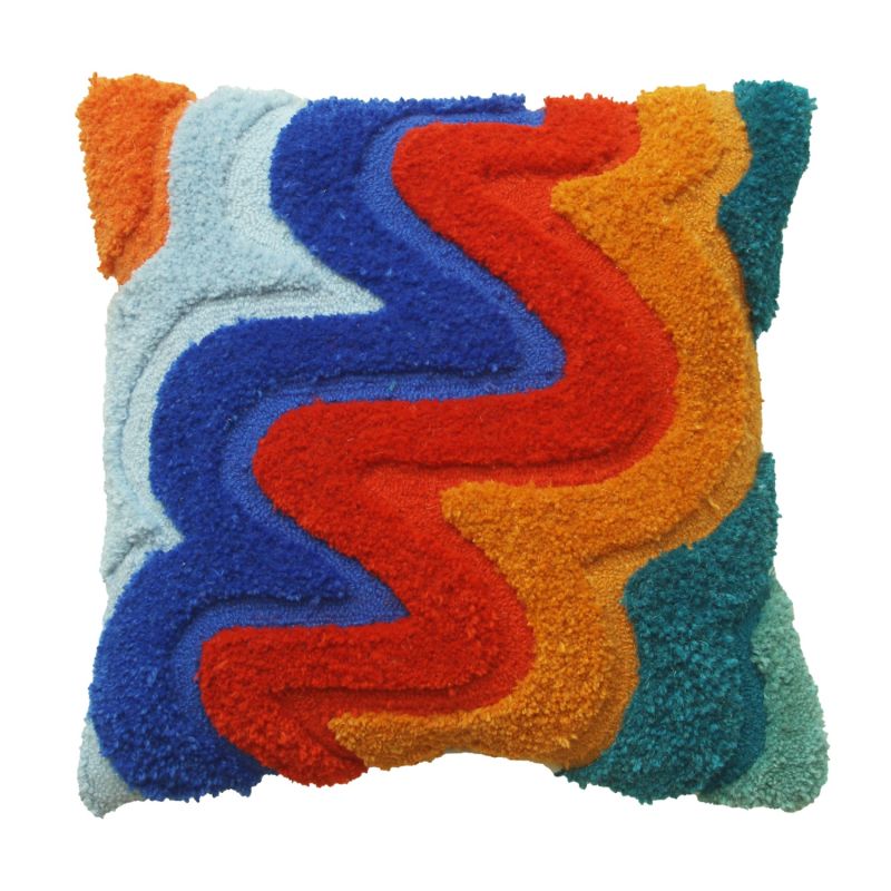 Colourful Tufted Cushion - Blue & Ochre Wavy image