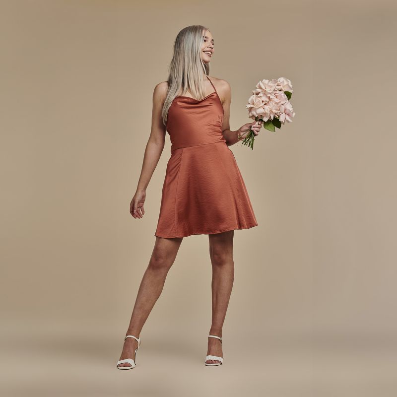 Backless Satin Slip Mini Dress - Kelly In Burnt Orange image