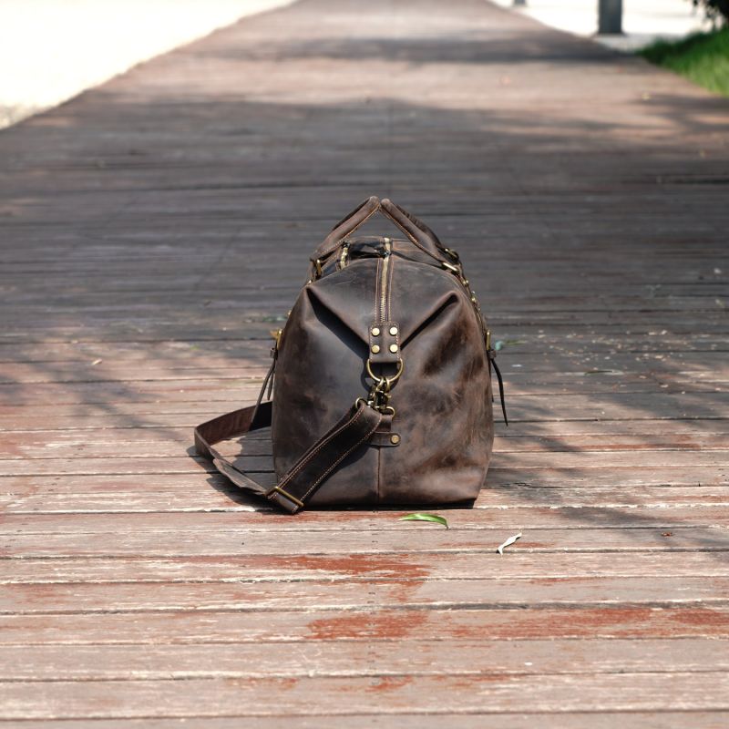 Zip Detail Genuine Leather Holdall - Worn Brown image