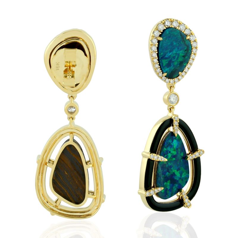 18K Yellow Gold Pave Diamond Dangle Earrings Opal Doublet Gemstone Jewelry image