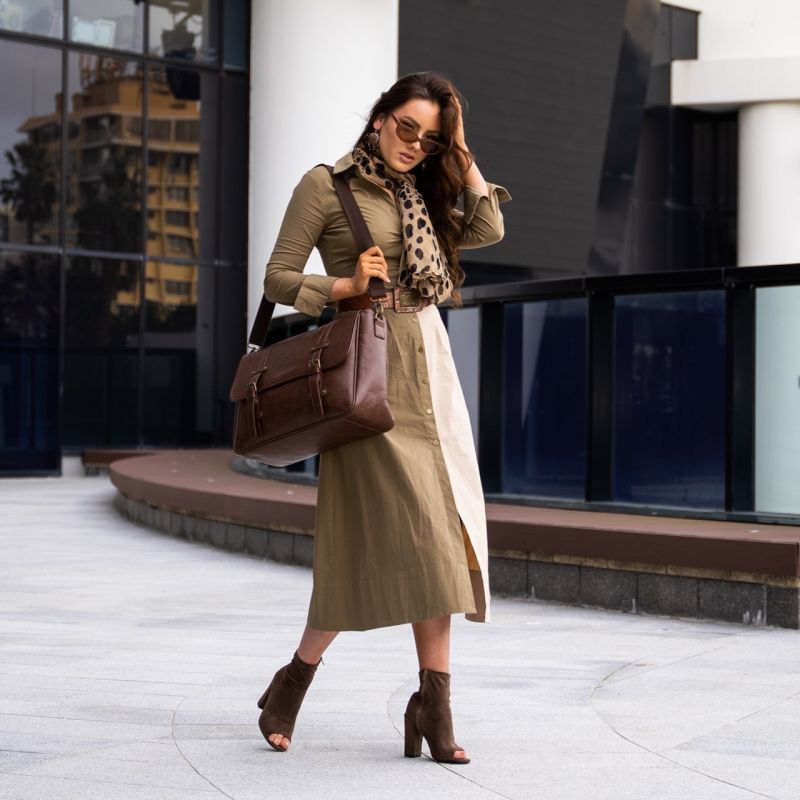 Khaki Two Tone Long Sleeves Shirt Dress - Kate image