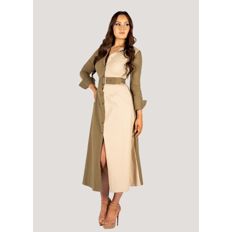 Khaki Two Tone Long Sleeves Shirt Dress - Kate image