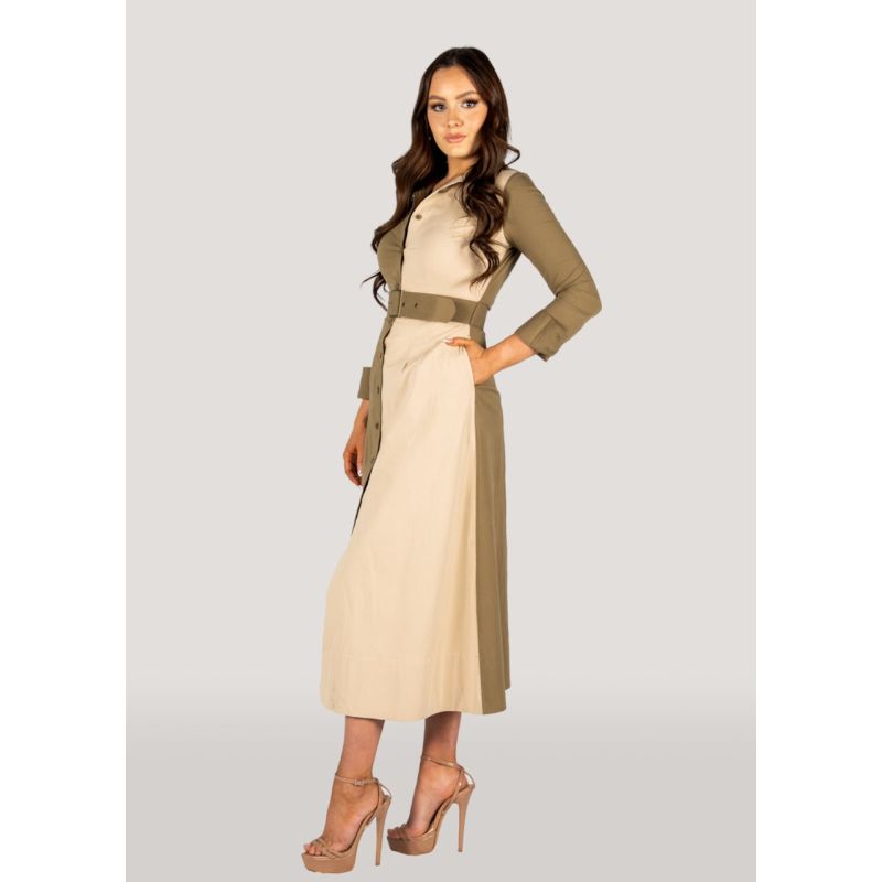 Khaki Two Tone Long Sleeves Shirt Dress - Kate image