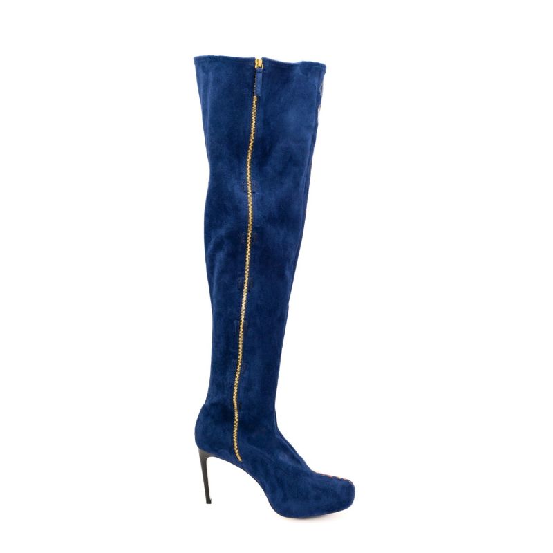 Suede Thigh High Boot With Four Inch Heel - Blue image