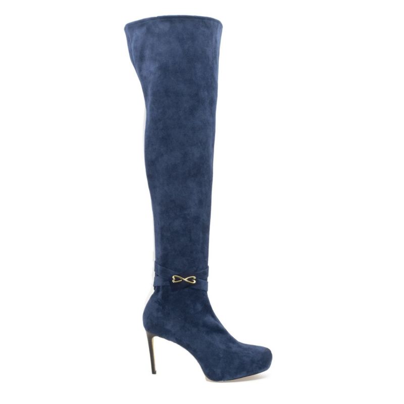 Suede Thigh High Boot With Four Inch Heel - Blue image