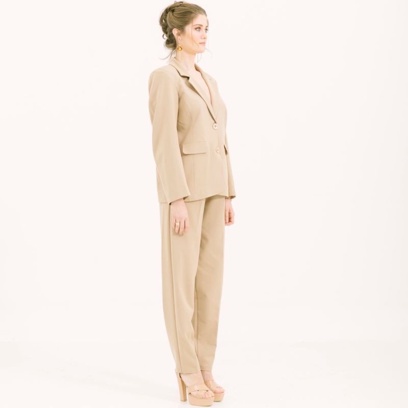 Nude Blazer With Shoulder Pads, Detachable Belt & High Waist Trouser - Suit image