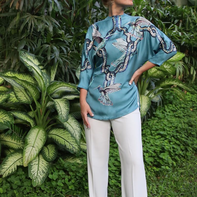 Kimono blouse - Teal - Hummingbird print image