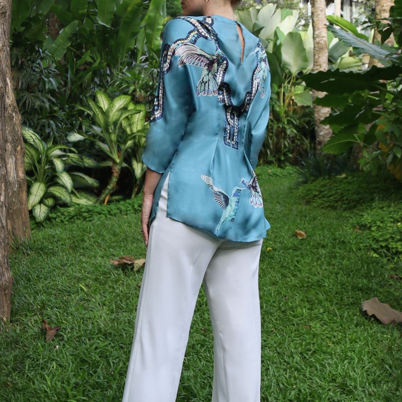 Kimono blouse - Teal - Hummingbird print image