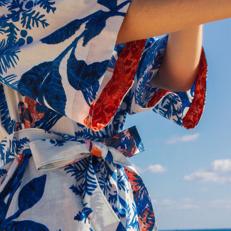 Kimono Dress Owl Blue Animal Print Cotton image