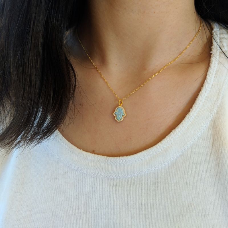 Opal Hamsa Hand Necklace In Green Opal image