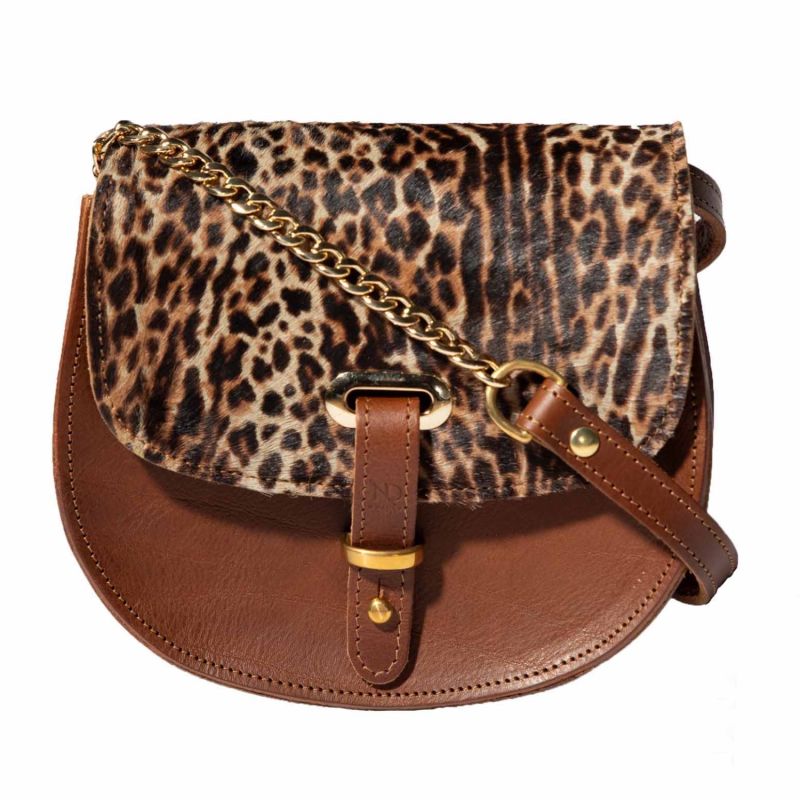 Mini Victoria Jaguar Print Full Grain Tan Leather Crossbody Saddle Bag With Gold Chain image