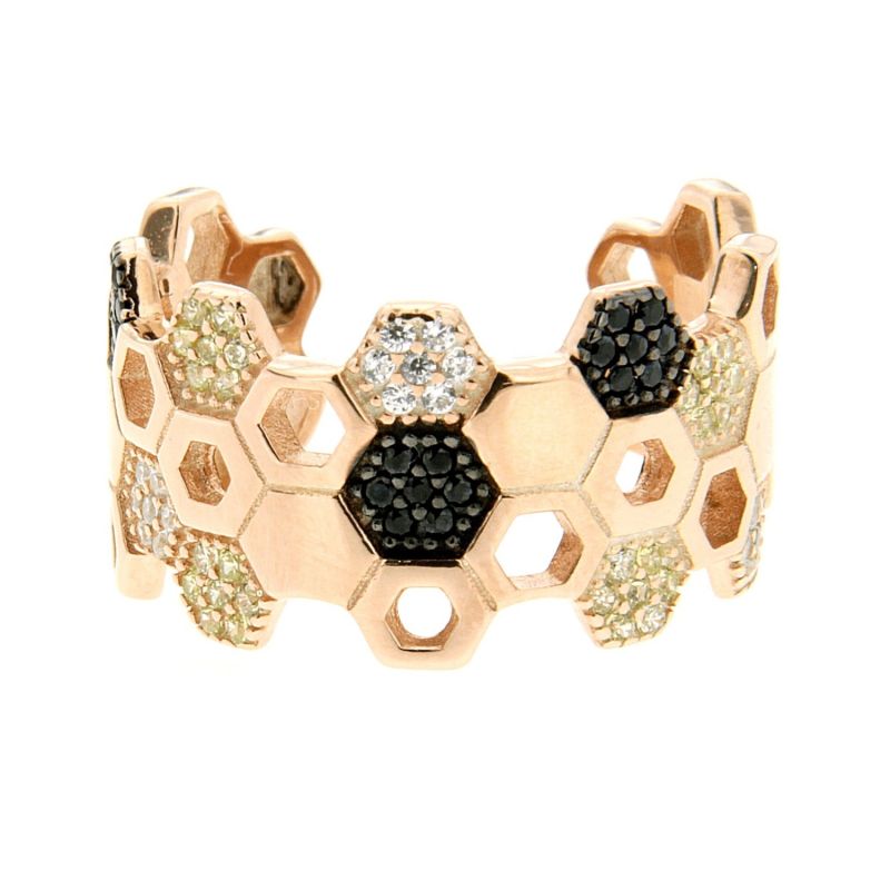 Sterling Silver Honeycomb Bee Ring In Rose Gold image