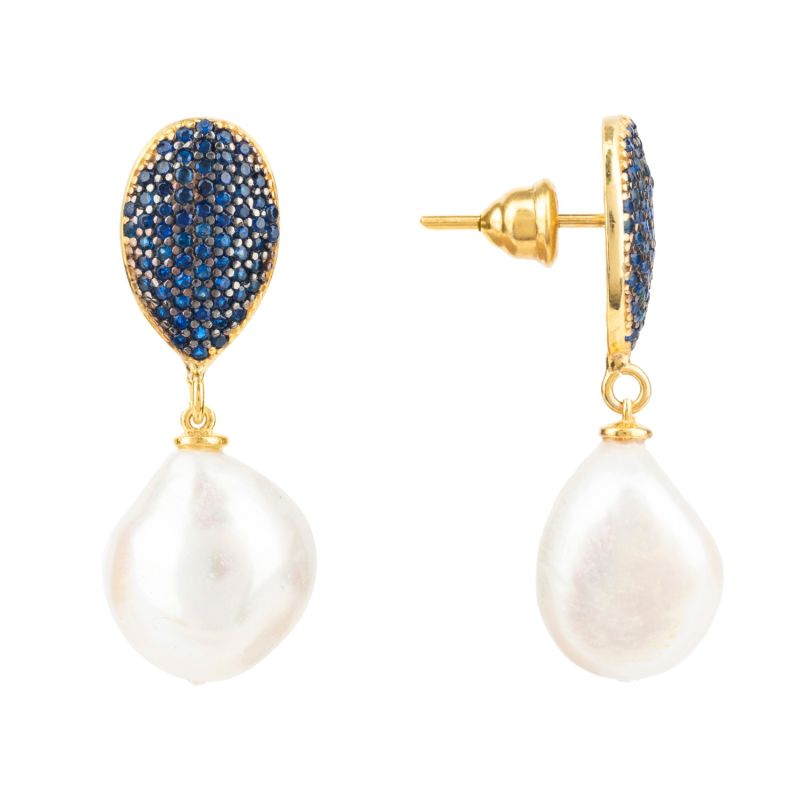 Baroque Pearl Classic Drop Earrings Gold Sapphire Blue Cz image