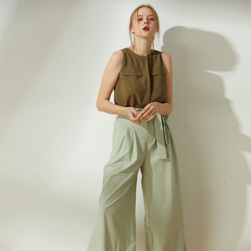 Malv Ecovero Sleeveless Linen Summer Top With Slit Back In Khaki image