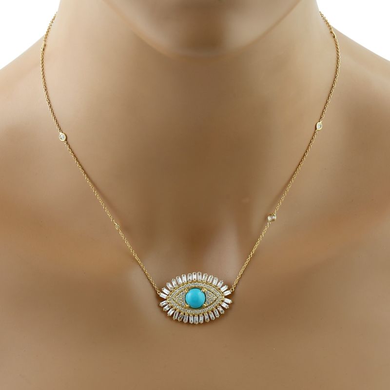 Gold  Evil Eye Necklace Baguette Diamond & Turquoise Gemstone image