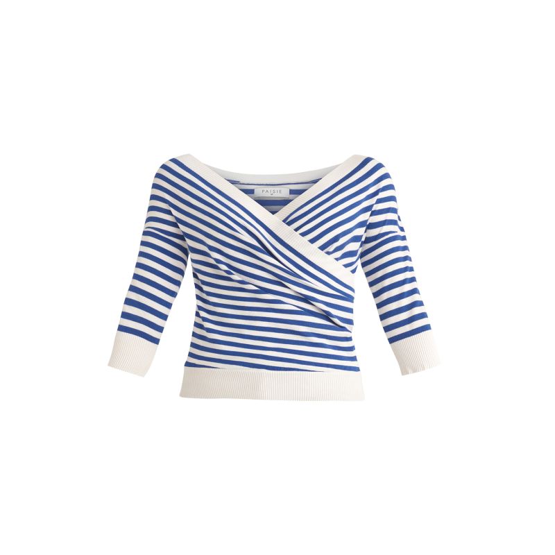 Knitted Wrap Top In Marine Blue And White image