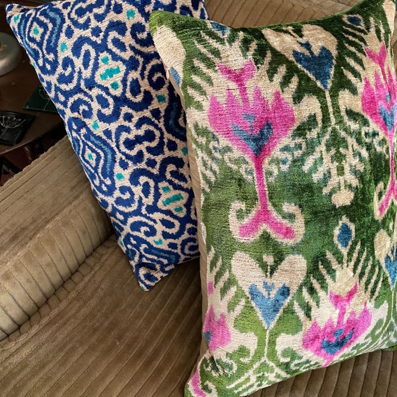 Ikat Velvet Cushion - Green & Pink image