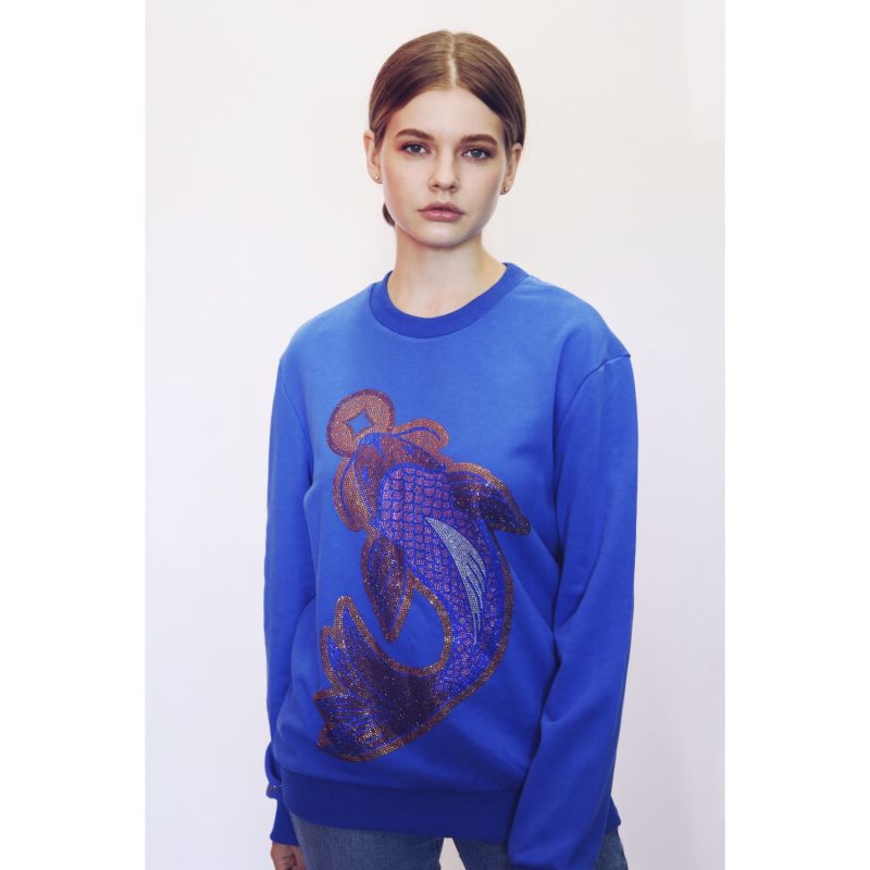 Koi Fish Lucky Feng Shui Rhinestoned Sweatshirt - Blue image