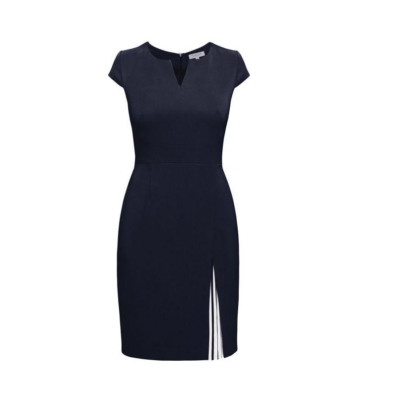 Mariana Midnight Blue Stretch Crepe Dress With Capped Shoulder & Pleated Deatail image