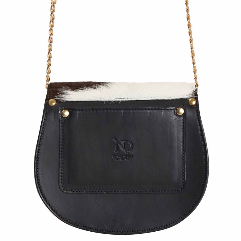 Mini Victoria Cow Hair Full Grain Black Leather Crossbody Saddle Bag With Gold Chain image