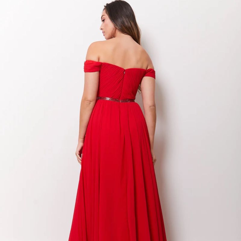 Dion Embellished Chiffon Long Evening Dress In Red image