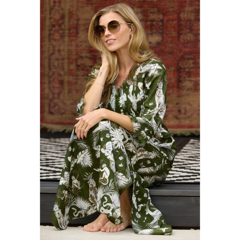 Cotton Annabel Maxi Dress In Olive Green Tropical image