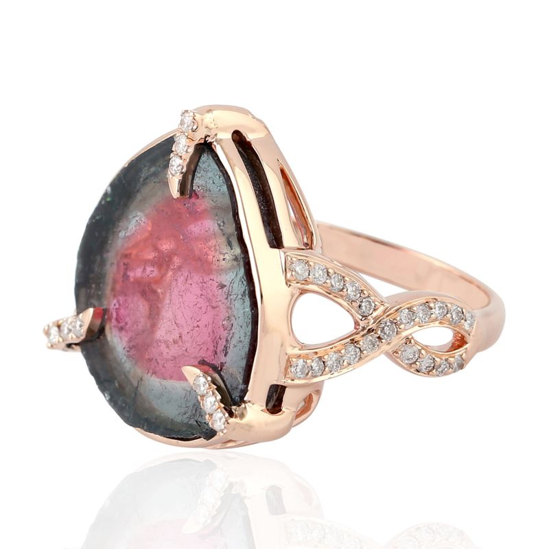 18K Rose Gold In Natural Diamond & Water Melon Tourmaline Cocktail Ring image