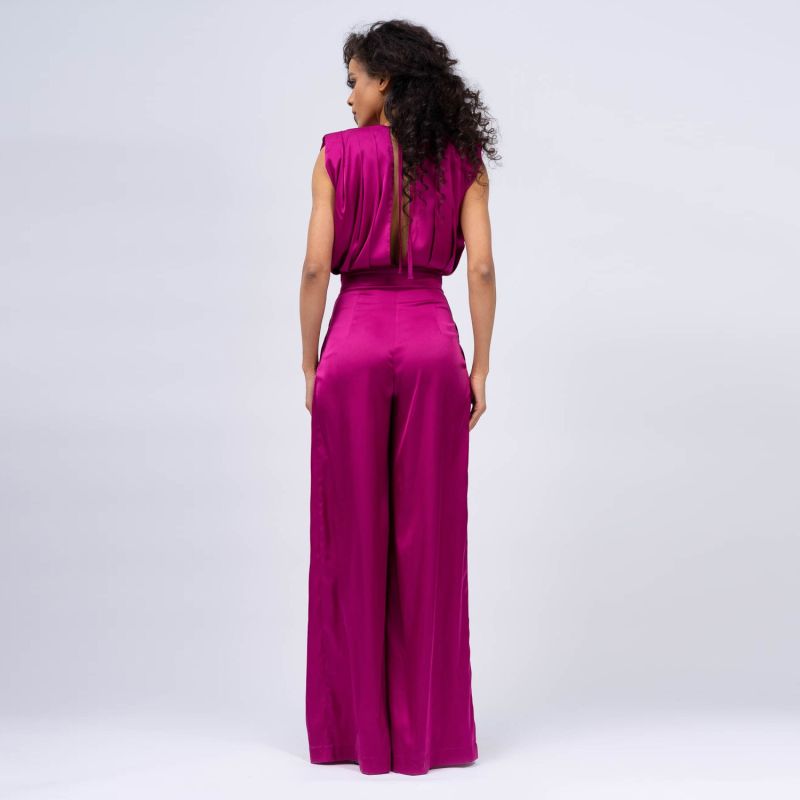 Pleated Chiffon Jumpsuit with Belt Fuchsia Plus Size