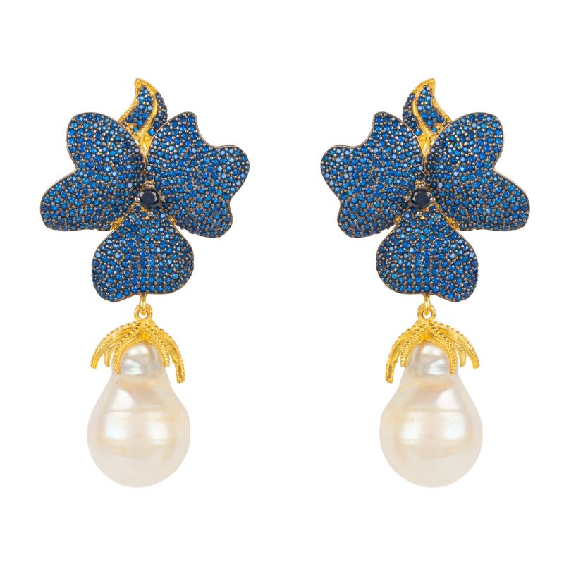 Baroque Pearl Sapphire Blue Flower Earrings Gold image