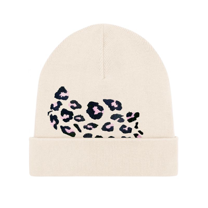 Leopard Embroidered Organic Cotton Beanie Ecru image