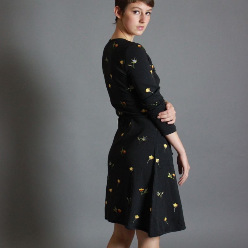 Floral Embroidered Wrap Dress In Black image