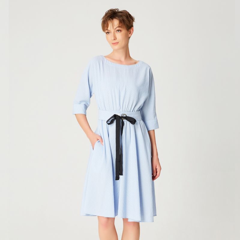 Wide-Belt Flared Dress -Blue image