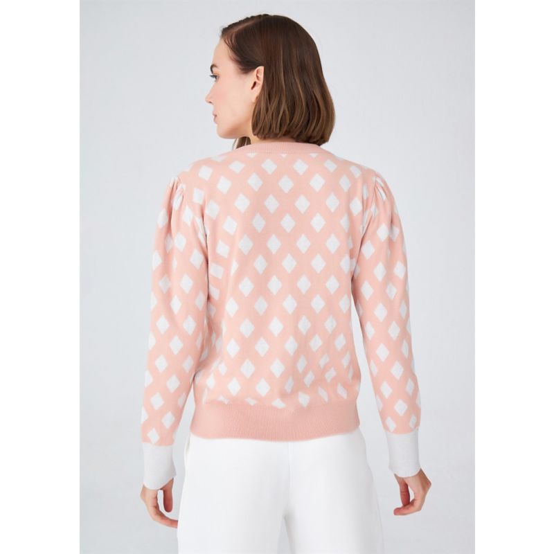 Geometric Pattern Knitwear Cardigan In Salmon/ Ecru image