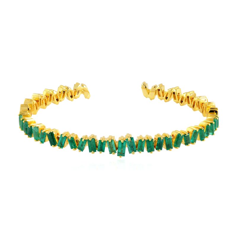 18K Yellow Gold Baguette Emerald Cuff Bangle Gemstone Jewelry image