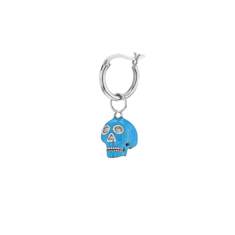 Turquoise Enamel & Sterling Silver Mini Skull Charm On Silver Hoop image