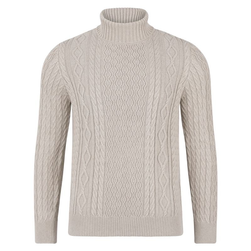 Mens Midweight Pure Cotton Roll Neck Christopher Cable Jumper - Fawn ...