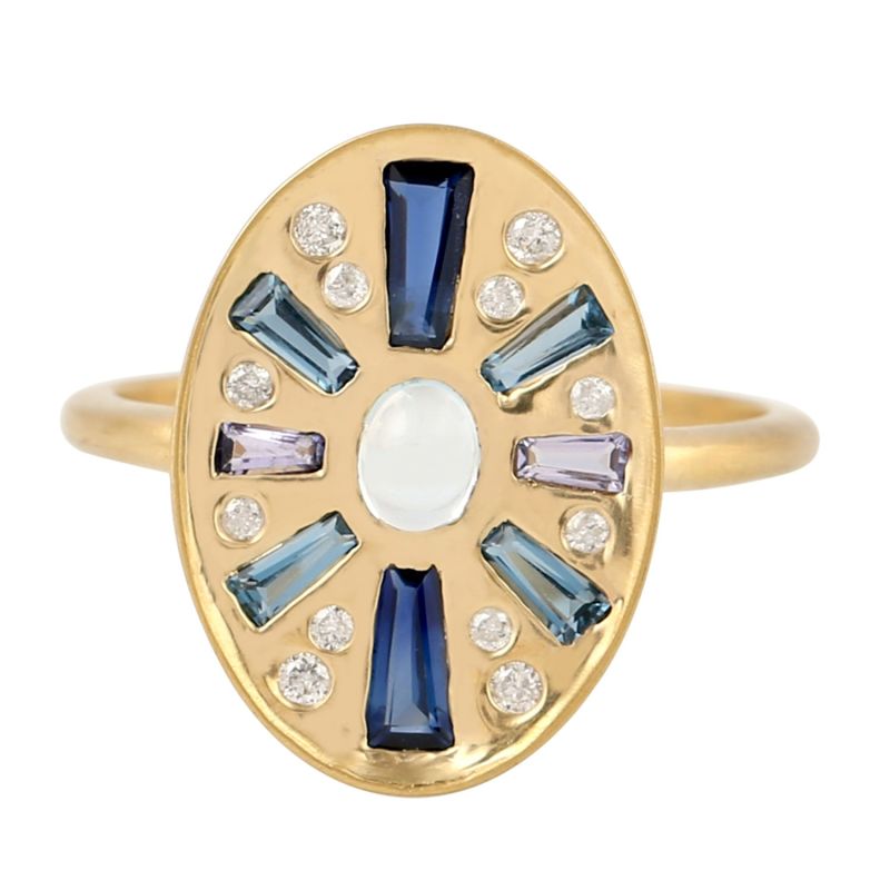 18K Yellow Gold Diamond Baguette Sapphire Topaz Aquamarine Tanzanite Cocktail Ring Jewelry image