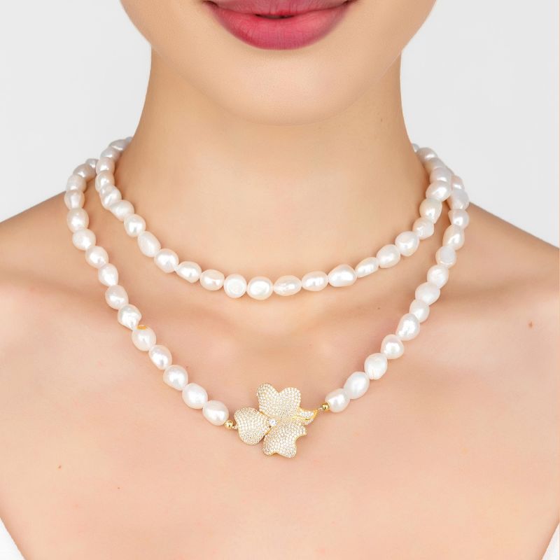 Flower Pearl Gemstone Long Necklace White Cz Gold image